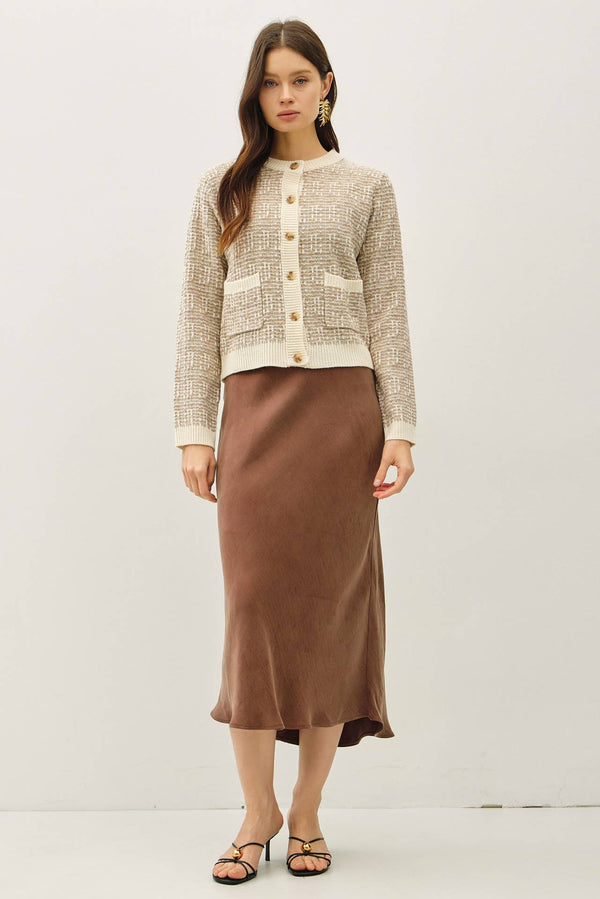 TWEED KNIT CREWNECK CARDIGAN-Blue Hand Home