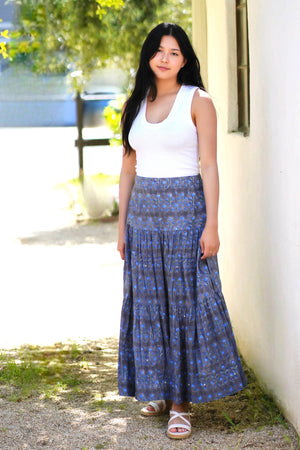 Block Printed Tiered Cotton Skirt- Grey Blue -Blue Hand Home