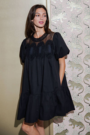 Bubble Sleeve Crochet Lace Babydoll Dress-Blue Hand Home