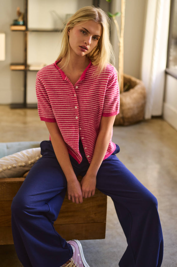 Striped Short Sleeve Button Cardigan-Blue Hand Home