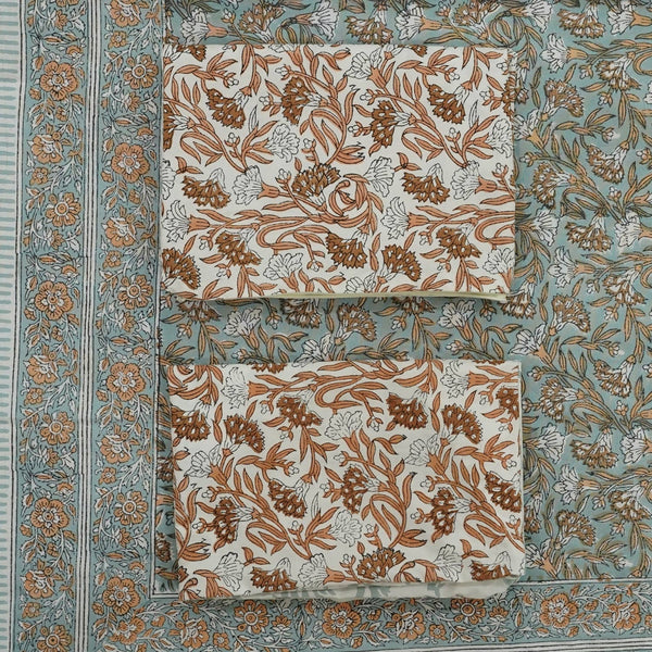 Bohemian Block Bedsheet With Pillow Cover -Throny Stems-Blue Hand Home