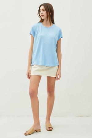 Classic Round Neck Split Hem T-Shirt-Blue Hand Home