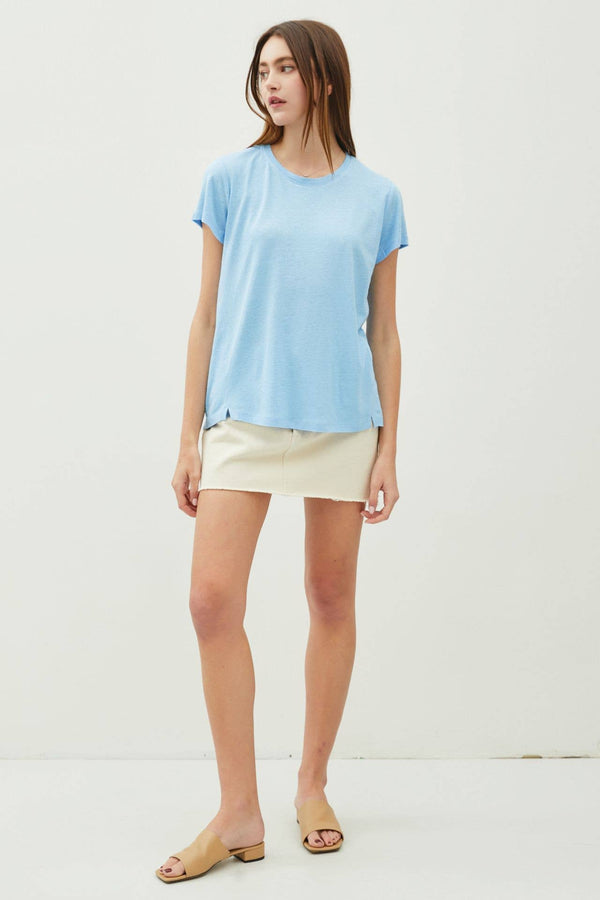 Classic Round Neck Split Hem T-Shirt-Blue Hand Home