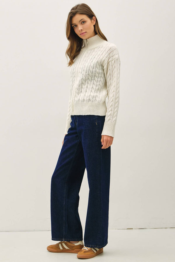 CABLE KNIT ZIP UP SWEATER JACKET W/ HIGH COLLAR-Blue Hand Home