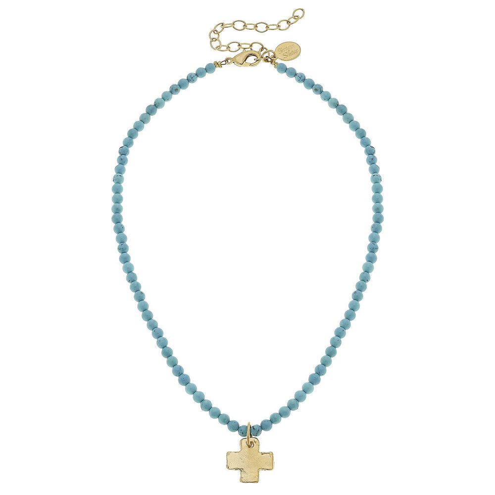 Gold Cross on Turquoise Beaded Necklace
