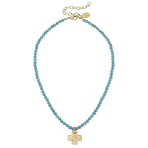 Gold Cross on Turquoise Beaded Necklace