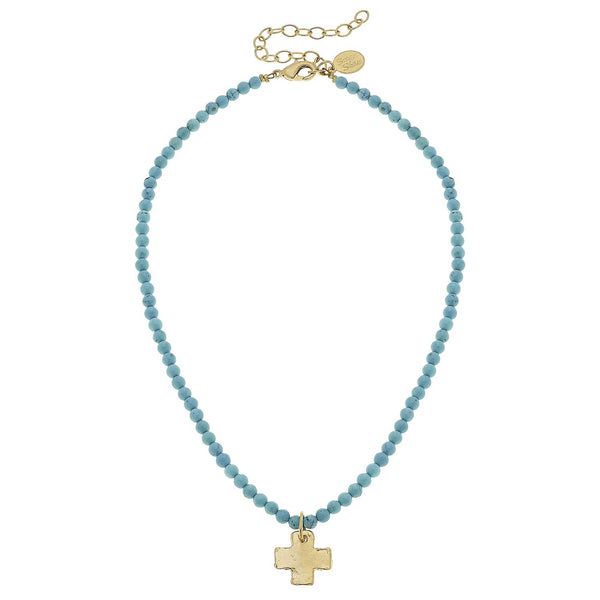 Gold Cross on Turquoise Beaded Necklace