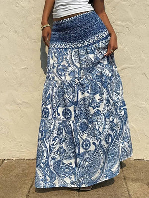 Smocked Elastic Beach Paisley Print Tiered Maxi Skirt-Blue Hand Home