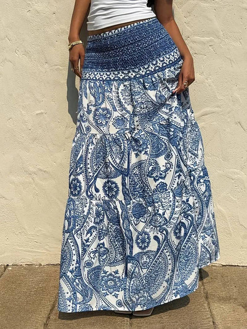 Smocked Elastic Beach Paisley Print Tiered Maxi Skirt-Blue Hand Home