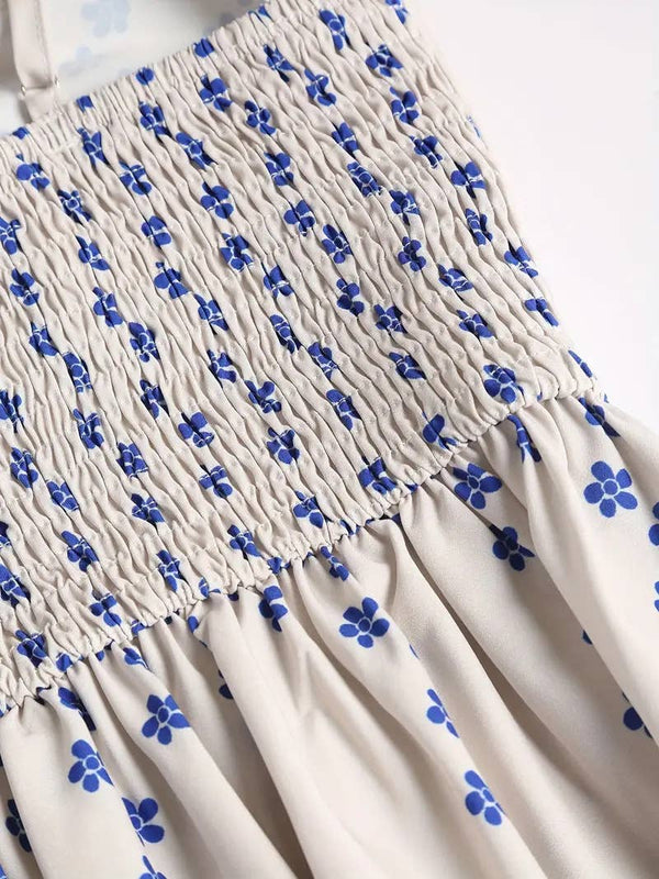 Vacation ocean fish print strap dress back elastic-Blue Hand Home