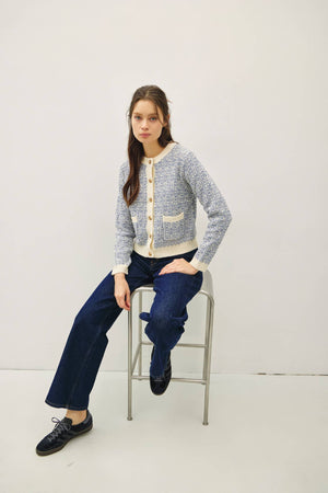 TWEED KNIT CREWNECK CARDIGAN-Blue Hand Home