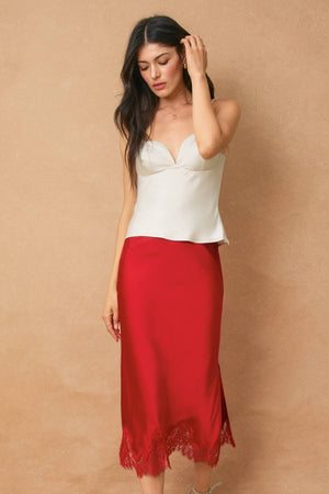 Dull Satin Lace Hem Pencil Skirt-Blue Hand Home