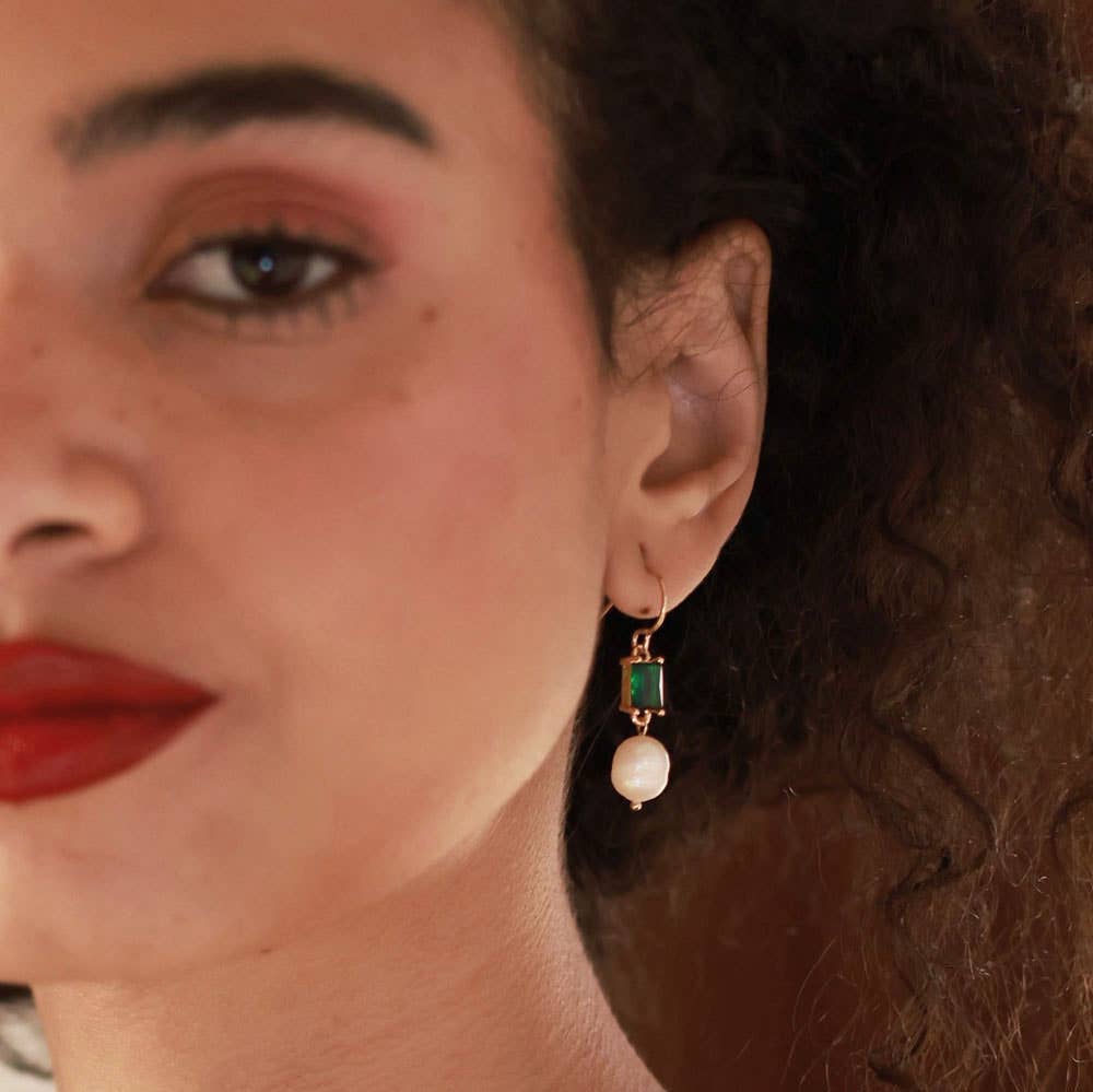 Emerald and Pearls Drop Earrings-Blue Hand Home