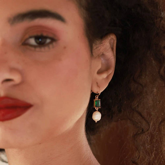 Emerald and Pearls Drop Earrings-Blue Hand Home