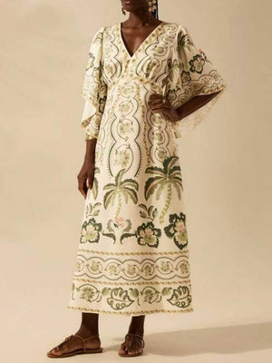 Exotic Tropical/ Floral Flair V-Neck Bell Sleeve Dress-Blue Hand Home
