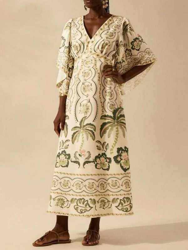 Exotic Tropical/ Floral Flair V-Neck Bell Sleeve Dress-Blue Hand Home