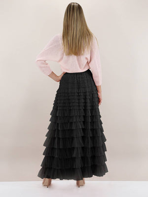Elastic waist ruffle tulle maxi skirt-Blue Hand Home