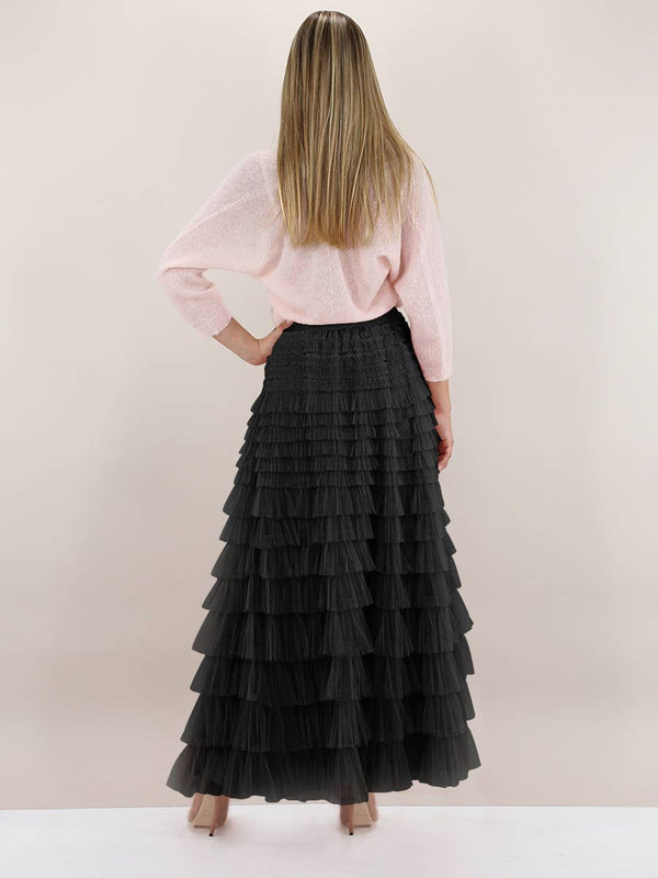Elastic waist ruffle tulle maxi skirt-Blue Hand Home