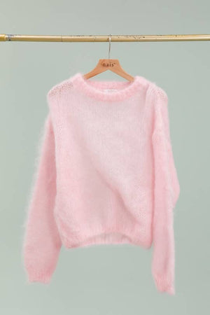 Round neck long sleeve sweater in 80% kid mohair-Blue Hand Home