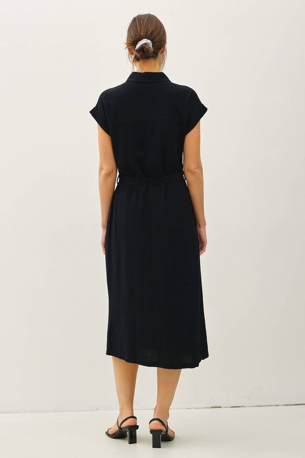 BUTTON UP MIDI DRESS W/ UTILITY STYLE POCKETS-Blue Hand Home
