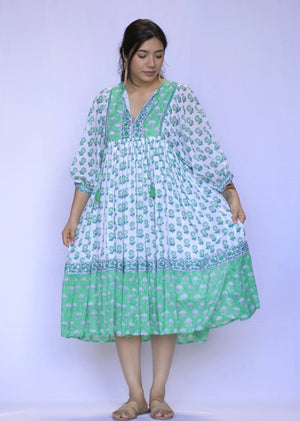 Mylah Midi Dress Block Printed Green White -Blue Hand Home