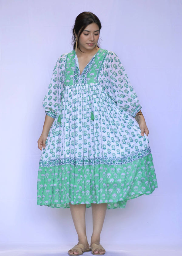 Mylah Midi Dress Block Printed Green White -Blue Hand Home