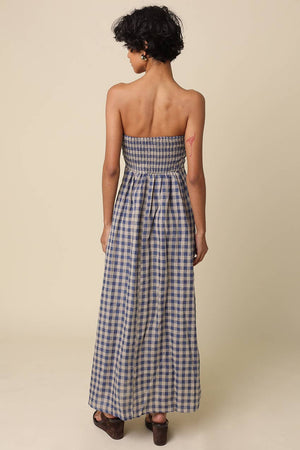 Mollie Gingham Strapless Linen Maxi Dress-Blue Hand Home