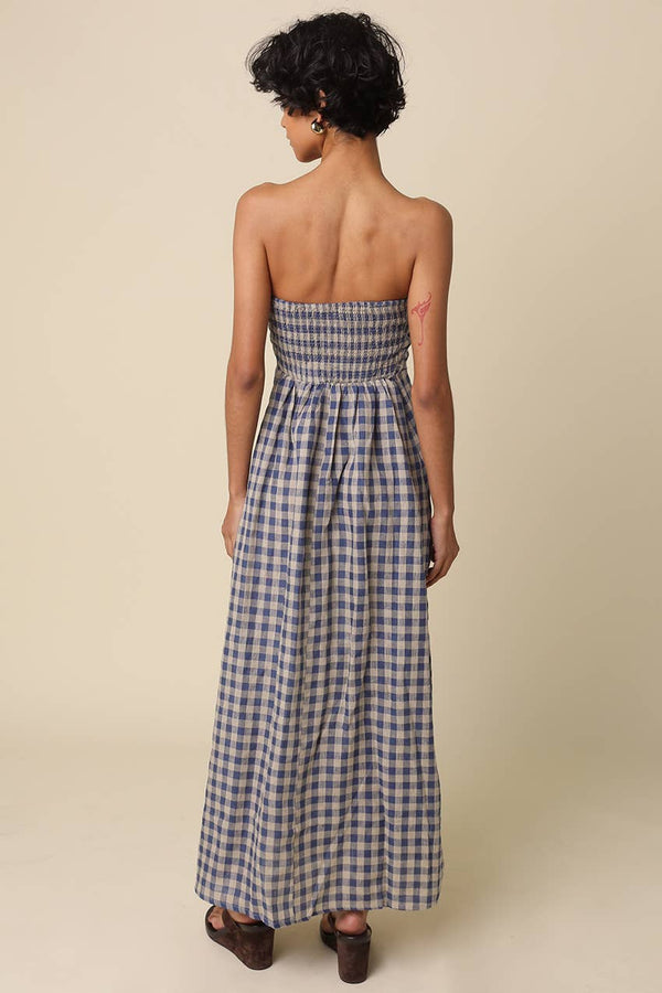 Mollie Gingham Strapless Linen Maxi Dress-Blue Hand Home