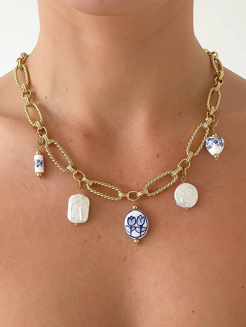 Riela 18K Gold Non-Tarnish Ceramic Floral Chain Necklace-Blue Hand Home