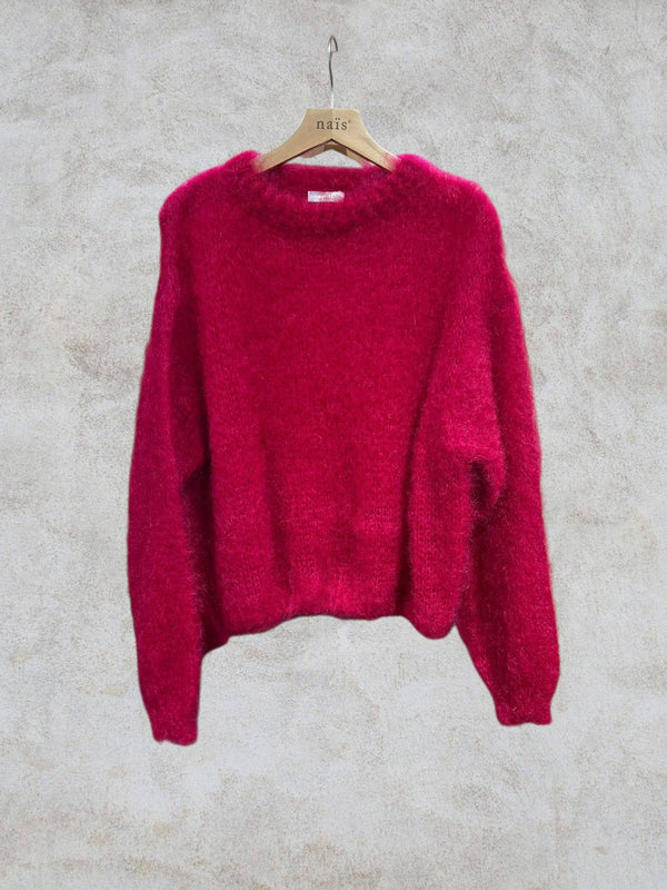 Round neck long sleeve sweater in 80% kid mohair: Kaki / One size-Blue Hand Home