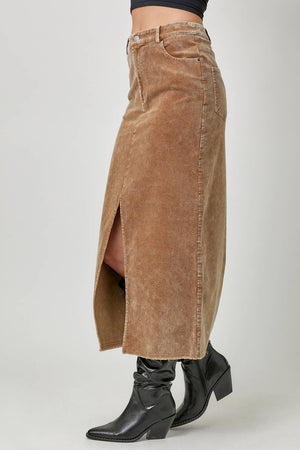 60742 Washed Front Slit Corduroy Skirt-Blue Hand Home