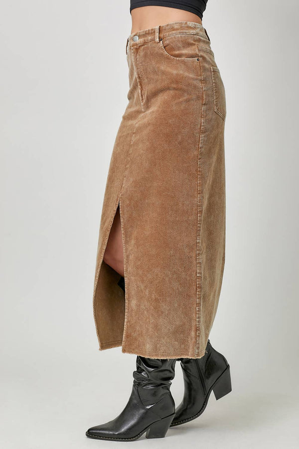 60742 Washed Front Slit Corduroy Skirt-Blue Hand Home