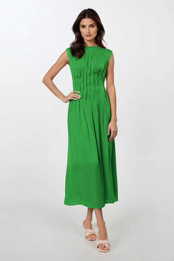 Silky Pleated Waistline Midi Dress-Blue Hand Home