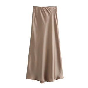 Ladies Solid Color Satin Midi Skirt 5515-Blue Hand Home