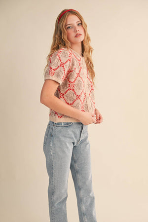 FLORAL SHORT SLEEVE SWEATER CARDIGAN MSW11258-Blue Hand Home