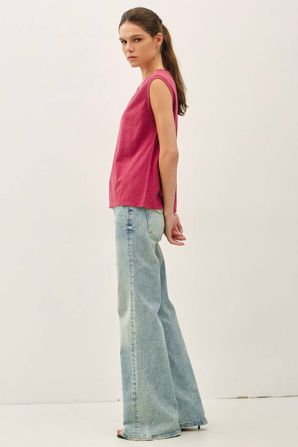 GARMENT DYE COTTON SLUB V-NECK BOXY TANK TEE-Blue Hand Home