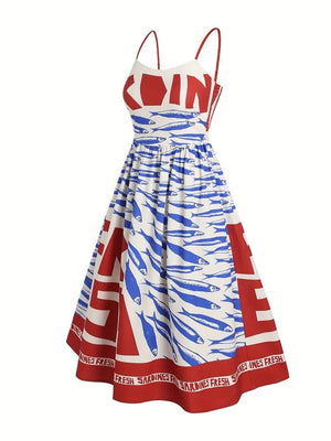 Vacation ocean fish print strap dress back elastic-Blue Hand Home