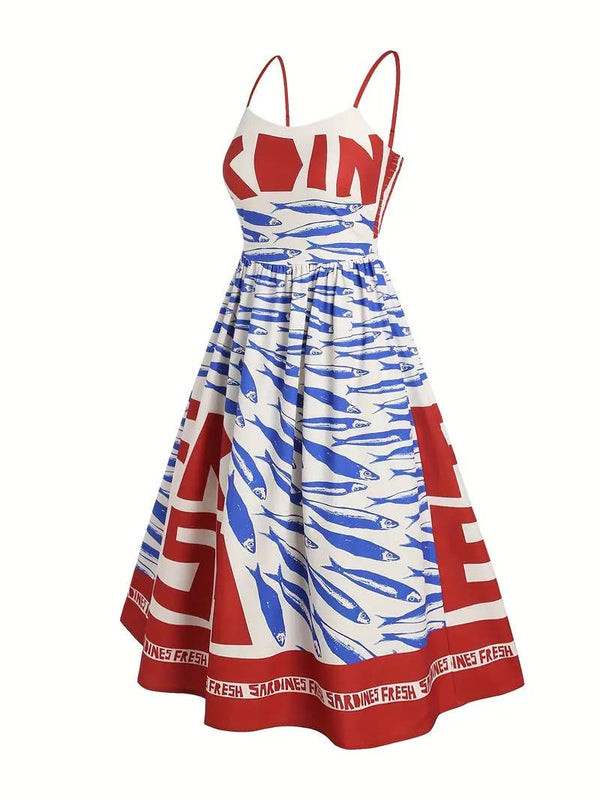 Vacation ocean fish print strap dress back elastic-Blue Hand Home