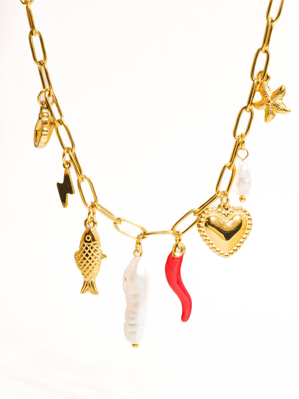 Filigrane 18K Gold Non-Tarnish Pepper Fish Charm Necklace-Blue Hand Home
