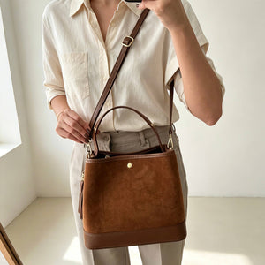 Large Suede Bucket Bag With Genuine Leather Details