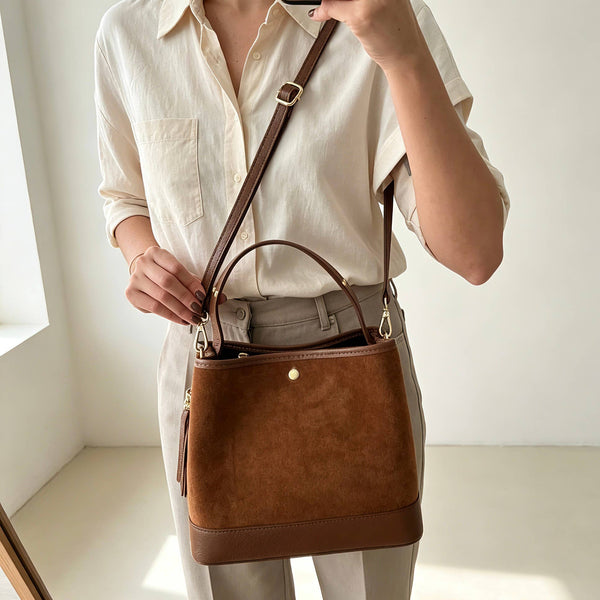 Large Suede Bucket Bag With Genuine Leather Details