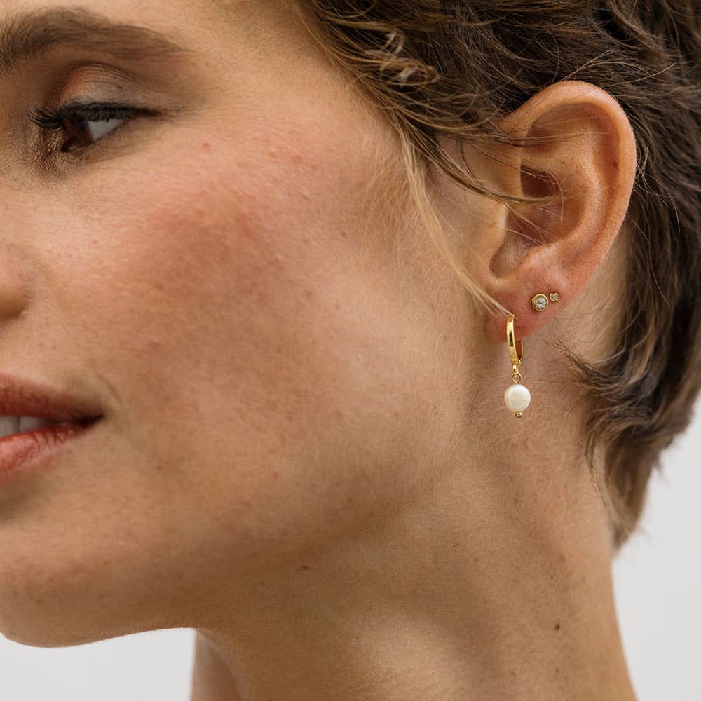 Fresh Water Pearl on Huggie Hoops-Blue Hand Home