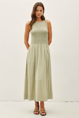 Smocked Bodice Boatneck Tank Midi Dress-Blue Hand Home