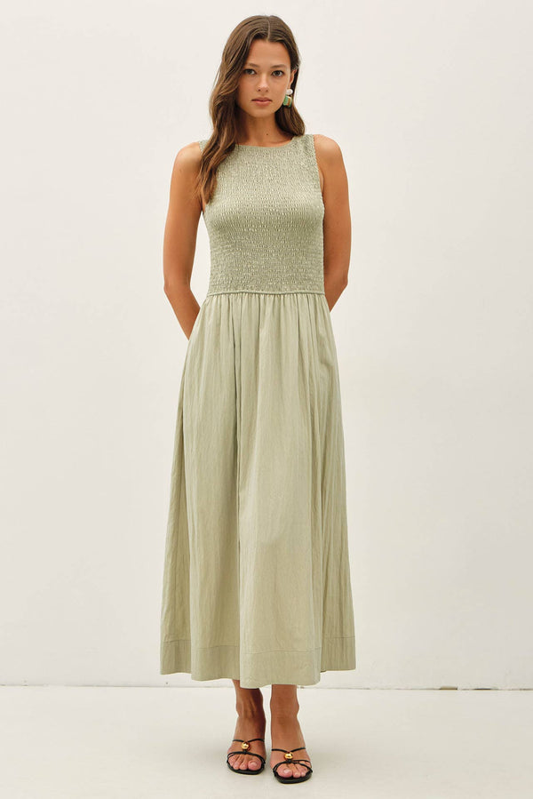 Smocked Bodice Boatneck Tank Midi Dress-Blue Hand Home
