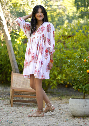 Raya Block Printed Mini Dress White Coral -Blue Hand Home