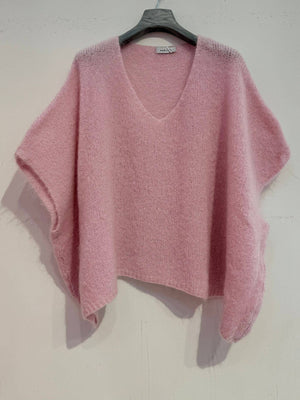 Mohair poncho sweater 7627: Pale pink-Blue Hand Home