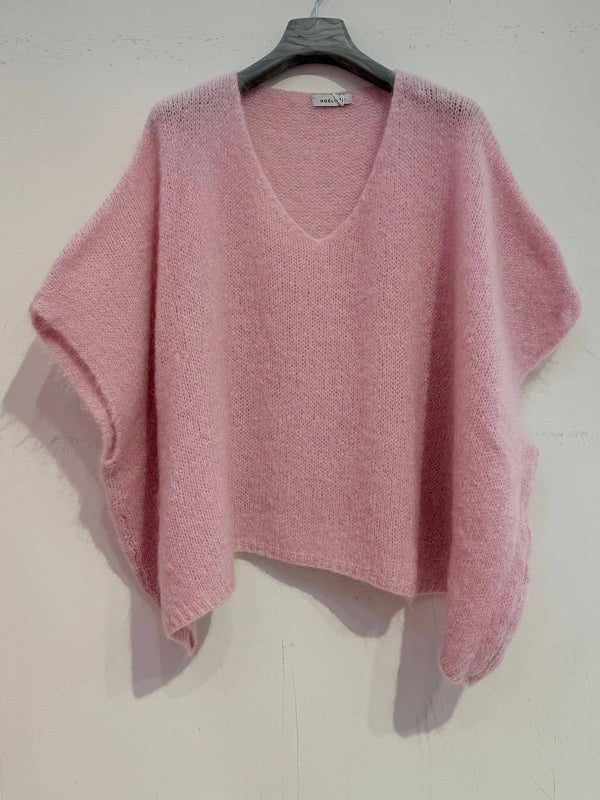 Mohair poncho sweater 7627: Pale pink-Blue Hand Home