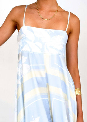 2025 Tropical botanical Floral thin strap flare swing dress-Blue Hand Home
