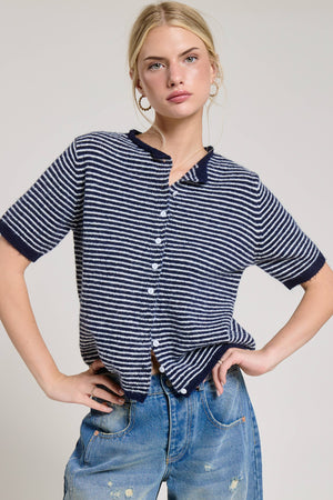 Striped Short Sleeve Button Cardigan-Blue Hand Home
