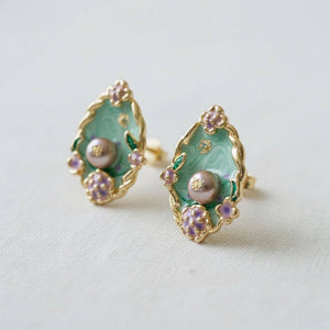 Vintage Inspired Enamel Pearl Stud Earrings-Blue Hand Home
